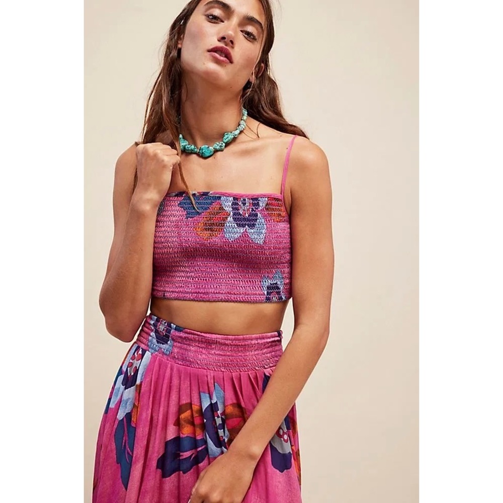 Free People Lucia Smocked Crop Top Pink Floral Spaghetti Strap Bralette Small